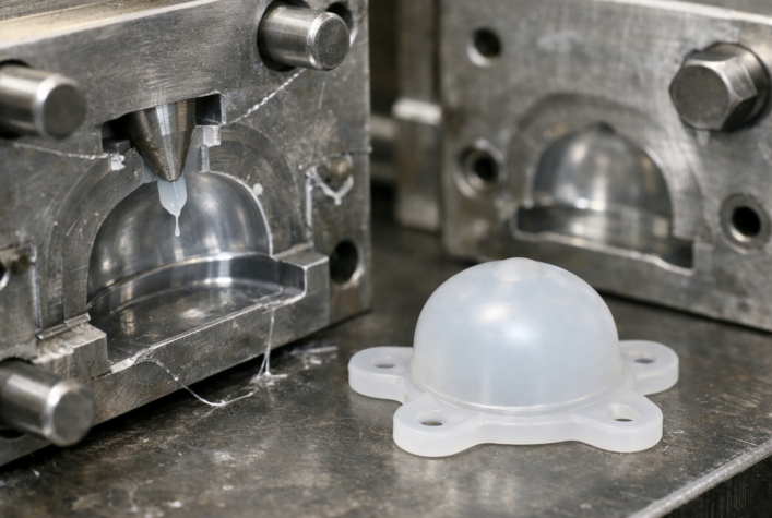 Formowanie wtryskowe – silikon, elastomer – gotowy element i forma widoczna na zdjęciu.