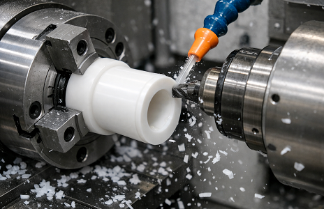 Obróbka CNC tulei z tworzywa sztucznego.