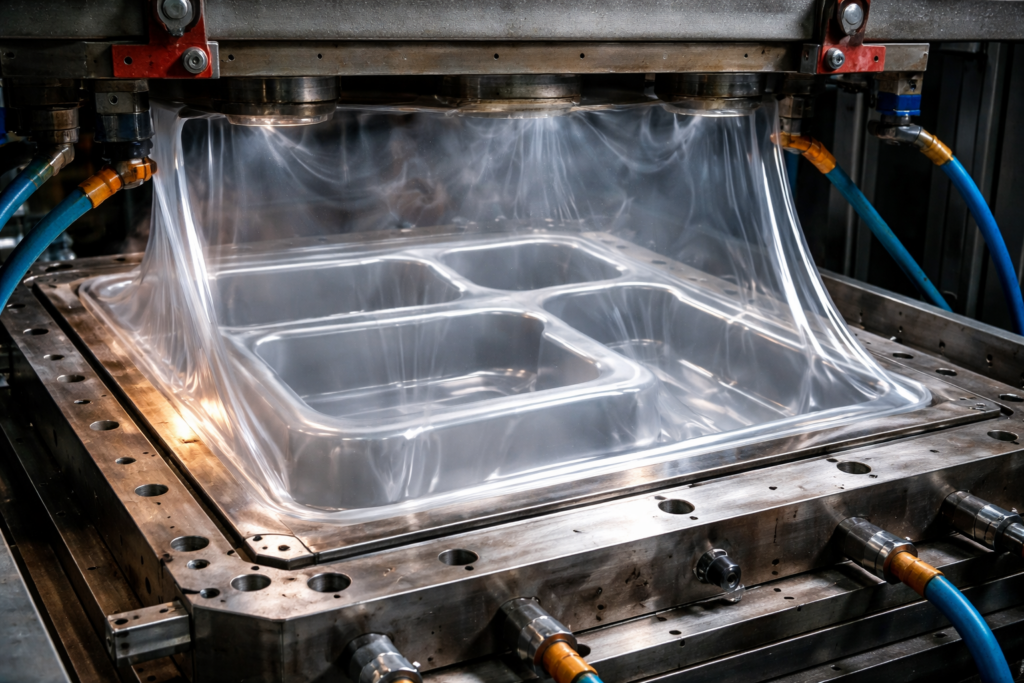 Wyrób z tworzywa sztucznego po zakończonym termoformowaniu płyty.